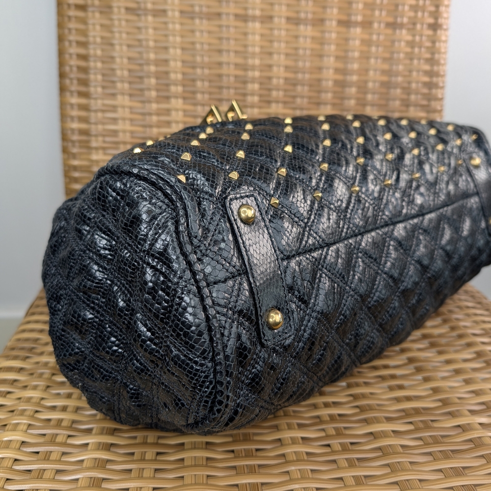 Marc Jacobs Stam Stardust Snake Print Black Leather Satchel Bag Gold Stud Detail - Picture 7 of 15